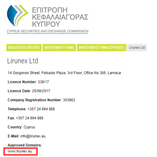 lirunexのキプロス証券取引委員会のライセンス