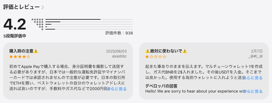 App StoreのBest Wallet(Best: Bitcoin & Crypto Wallet)の評価とレビュー欄。5段階評価4.2・評価件数938件と、Apple Pay購入時の本人確認に触れた4つ星レビュー、送金トラブルを訴える1つ星レビュー「絶対に使わないで」