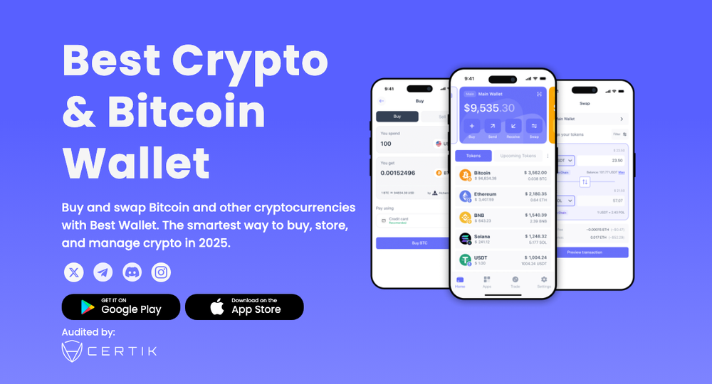 Best Wallet公式サイトのトップページ。「Best Crypto & Bitcoin Wallet」の見出しと、CertiK監査済みの表示、Google Play/App Storeの配布リンク、アプリ画面のイメージ