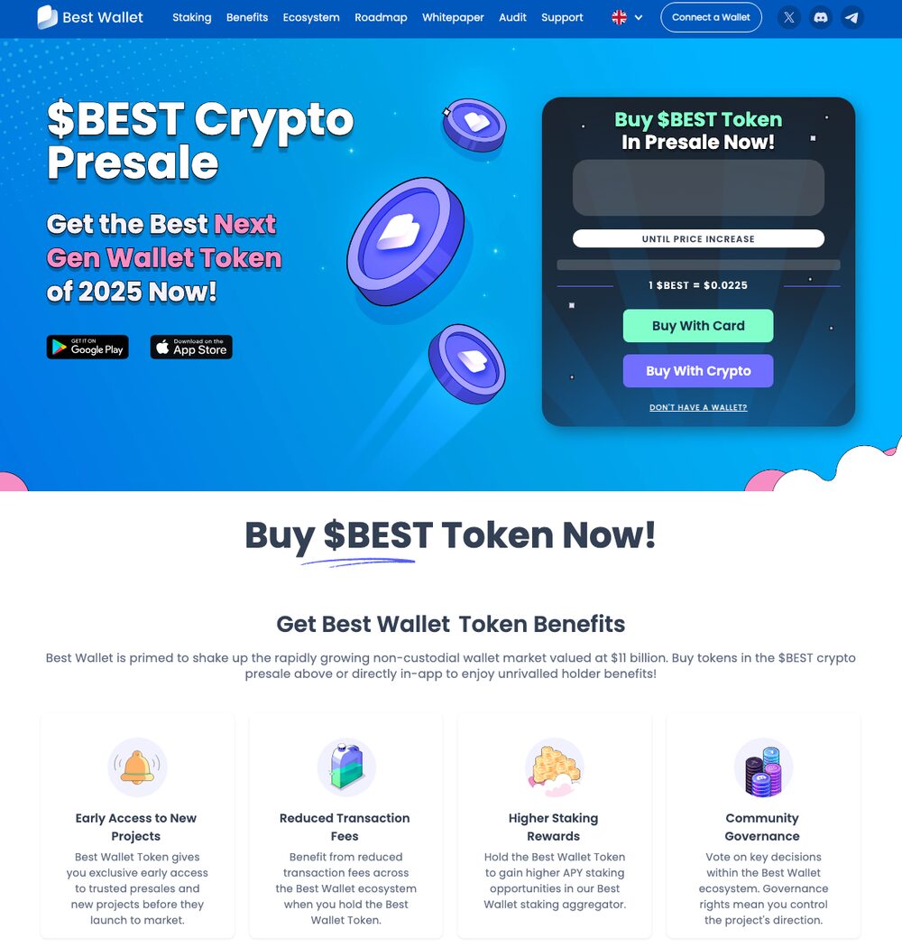 Best Wallet Token公式サイト(プレセール当時)のトップ。「$BEST Crypto Presale」「Buy $BEST Token In Presale Now!」「1 $BEST = $0.0225」の表示と、保有メリットとして「Higher Staking Rewards(higher APY staking)」を掲げる4項目