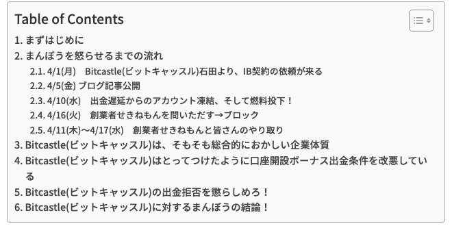 まんぼう総裁のブログ記事の目次。2024年4月1日にBitcastle側からIB契約の依頼、4月5日にブログ記事公開、4月10日に出金遅延からのアカウント凍結、4月16日に創業者への問い合わせ後ブロック、という時系列