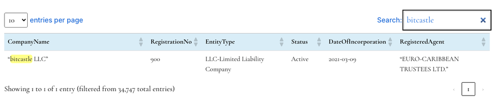 セントビンセント及びグレナディーン諸島 金融サービス庁（FSA）の法人検索で「bitcastle LLC」を検索した結果。bitcastle LLCがActive（有効）の法人として表示されている