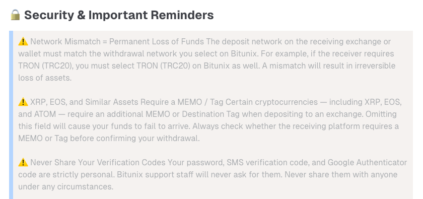 Bitunix公式ヘルプセンターの出金ガイドの注意事項。受取側と出金時のネットワークが一致しないと資産を失うと警告している