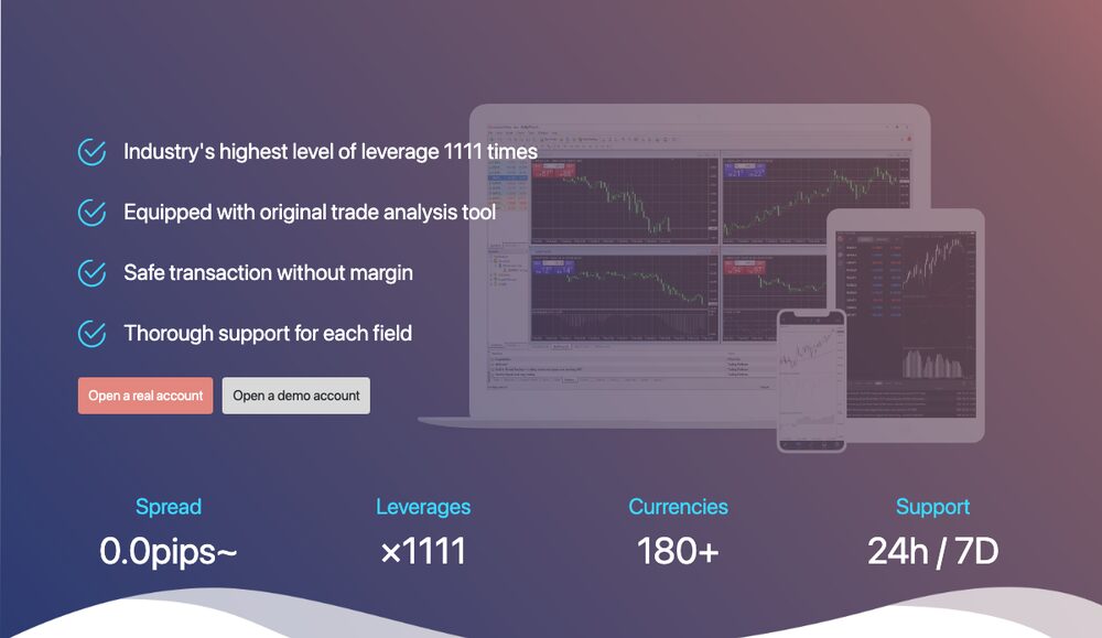 FXFair公式サイトのトップページに表示された「Industry's highest level of leverage 1111 times」「Leverages ×1111」「Spread 0.0pips〜」「Support 24h/7D」の訴求