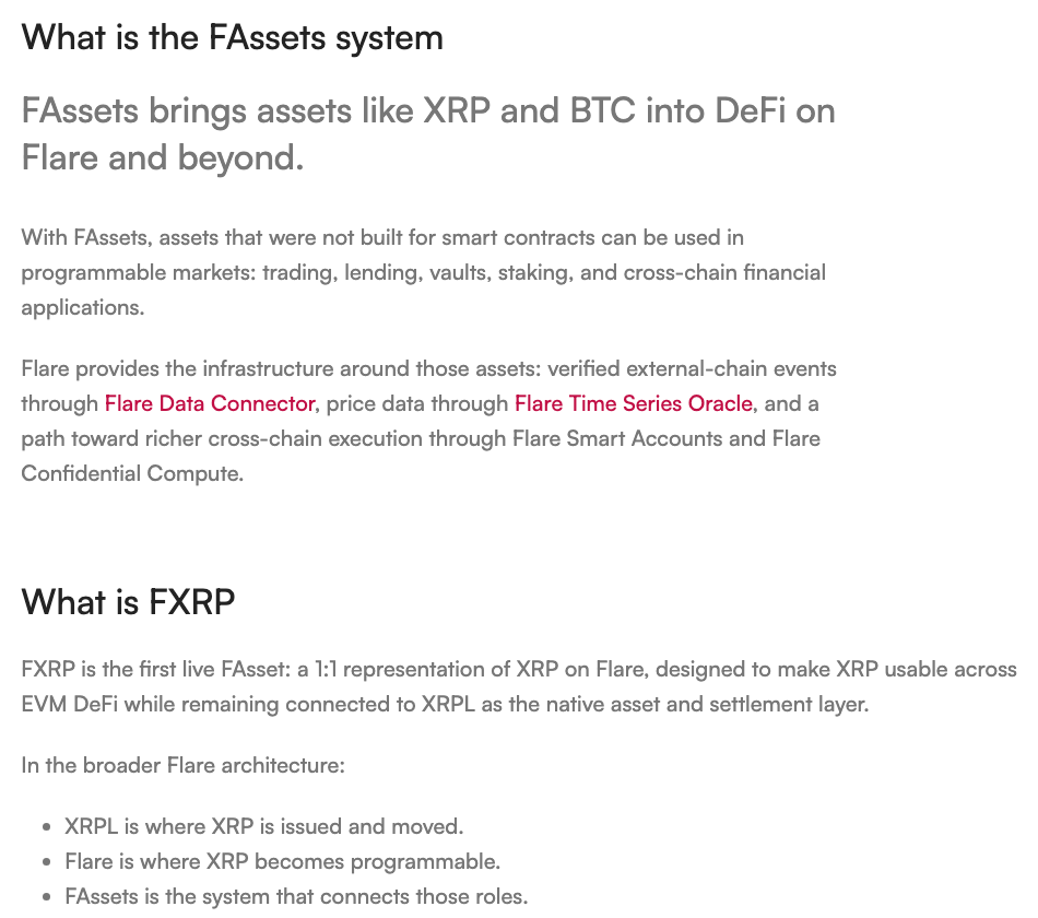 Flare公式サイトのFAssets説明ページ。FAssetsはXRPやBTCをFlare上のDeFiへ持ち込む仕組みで、FXRPはXRPを表すFlare上のトークンと説明されている