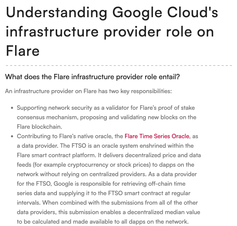 Flare公式ニュースのGoogle Cloudの役割の解説。インフラプロバイダーの役割として、バリデータとしてのブロック検証とFTSOへのデータ提供が説明されている