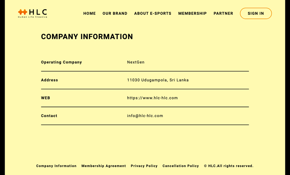 HLC公式サイトのCOMPANY INFORMATION。運営会社NextGen、住所11030 Udugampola, Sri Lanka、WEBとメールアドレスのみで電話番号や代表者名の記載がない