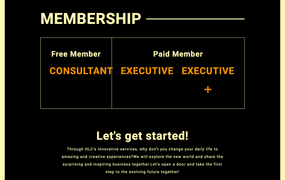 HLC公式サイトのMEMBERSHIP欄。無料会員CONSULTANTと有料会員EXECUTIVE・EXECUTIVE＋の区分と「Let's get started!」の呼びかけ