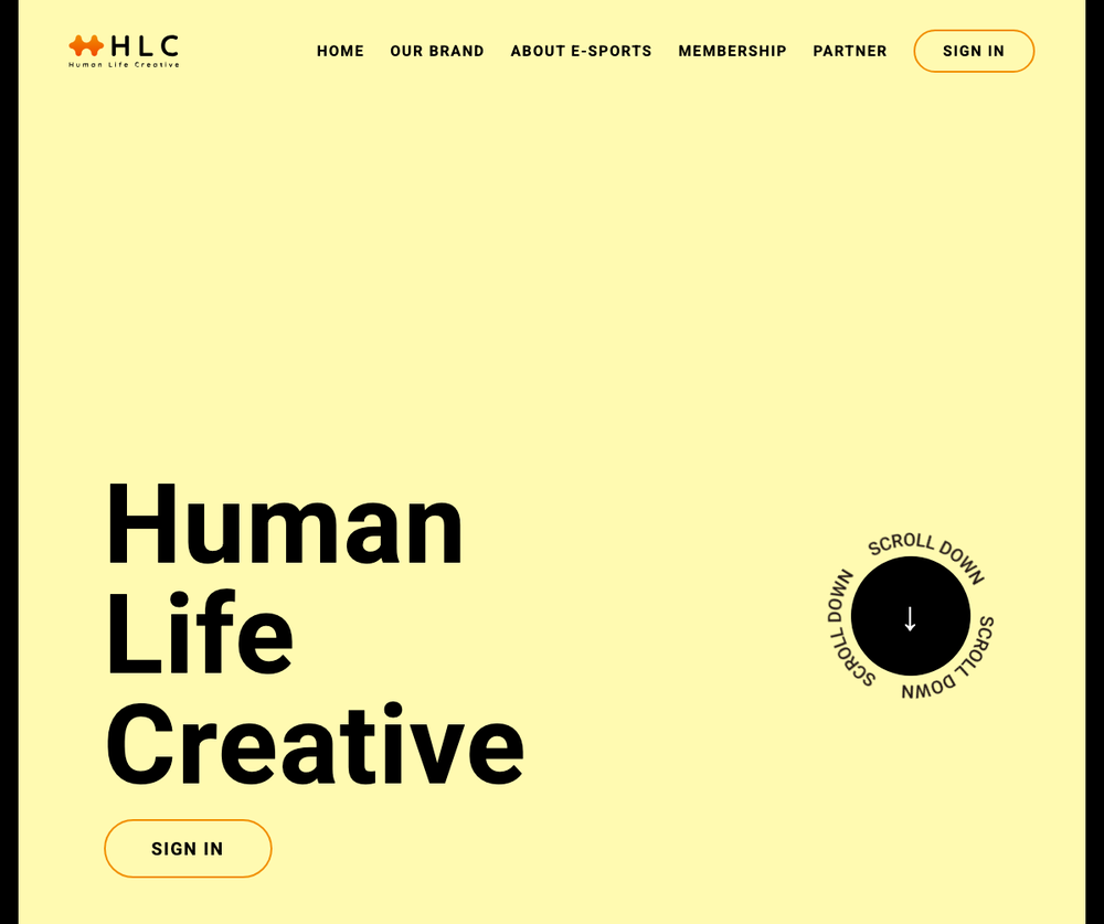 HLC（Human Life Creative）公式サイトのトップページ。ロゴと「ABOUT E-SPORTS」「MEMBERSHIP」「PARTNER」のメニュー、SIGN INボタンが並ぶ