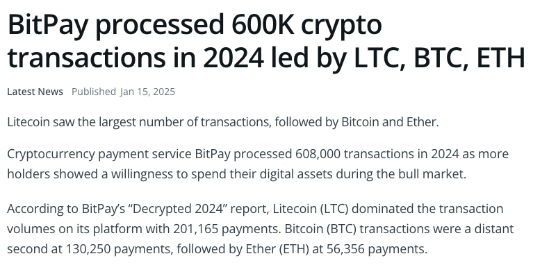 Cointelegraphの2025年1月15日の記事「BitPay processed 600K crypto transactions in 2024 led by LTC, BTC, ETH」。BitPayの2024年レポートでLitecoinが201,165件で最多、Bitcoin130,250件、Ether56,356件と報じている