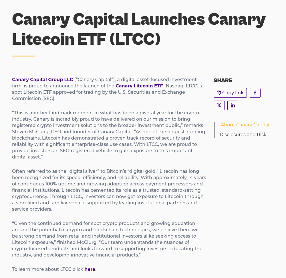 Canary Capitalの発表「Canary Capital Launches Canary Litecoin ETF (LTCC)」。SECが取引を承認した現物ライトコインETFであること、CEOのコメント、約14年間100%稼働してきた点が書かれている