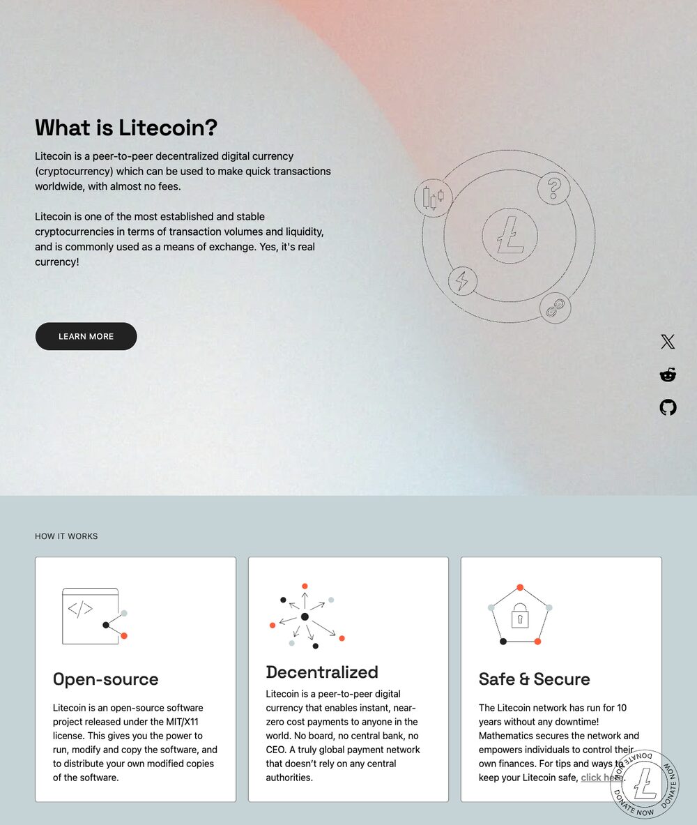 Litecoin公式サイト(litecoin.com)の「What is Litecoin?」ページ。手数料がほぼゼロのP2P決済通貨であること、オープンソース・非中央集権・ダウンタイムなしの3つの特徴が説明されている