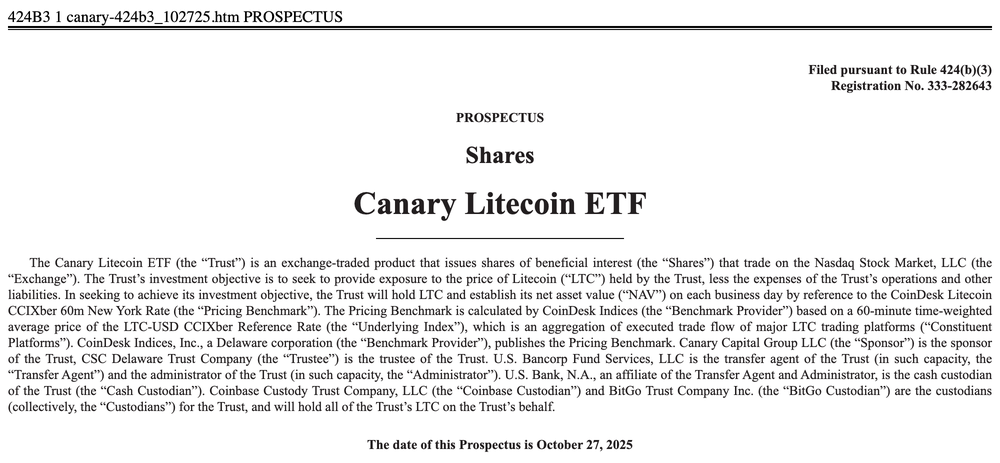 SEC(米国証券取引委員会)EDGARに提出されたCanary Litecoin ETFの目論見書の表紙。Nasdaq Stock Marketで取引される旨の記載