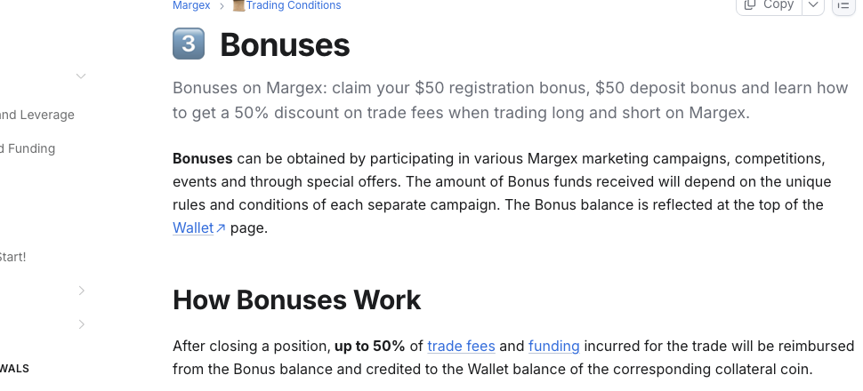 Margex公式ヘルプセンターのBonusesページ。$50の登録ボーナスと$50の入金ボーナスを受け取り、取引手数料の最大50％割引に使えると記載