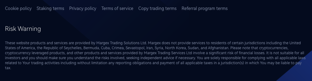 Margex公式サイトのフッター「Risk Warning」。運営会社がMargex Trading Solutions Ltdであること、セーシェル居住者などにサービスを提供しないことが書かれているが、住所や代表者名の記載はない