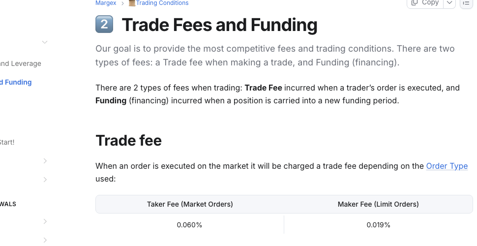Margex公式ヘルプセンターの手数料ページ。Taker Fee（Market Orders）0.060％、Maker Fee（Limit Orders）0.019％と記載