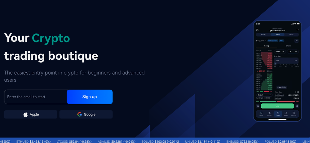 Margex公式サイトのトップページ。「Your Crypto trading boutique」「The easiest entry point in crypto for beginners and advanced users」と初心者向けを訴求する表示