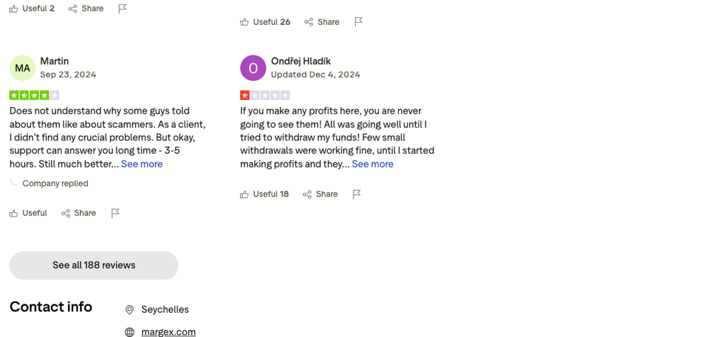 TrustpilotのMargex（margex.com）レビュー。サポートの返答が3〜5時間かかるが問題なかったという4つ星の声と、利益が出た後に出金できなくなったという1つ星の声。所在地はSeychelles表記