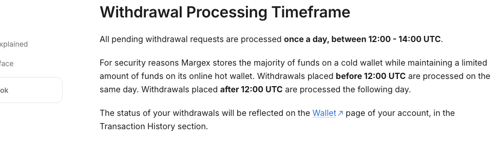 Margex公式ヘルプセンターの出金条件ページ「Withdrawal Processing Timeframe」。出金リクエストは1日1回、UTC 12:00〜14:00にまとめて処理されると記載