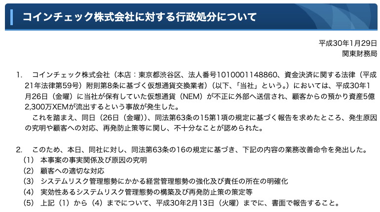 関東財務局が2018年1月29日に公表した「コインチェック株式会社に対する行政処分について」。顧客からの預かり資産5億2,300万XEMの流出と業務改善命令の内容(事実関係の究明・顧客対応・システムリスク管理態勢の強化など)