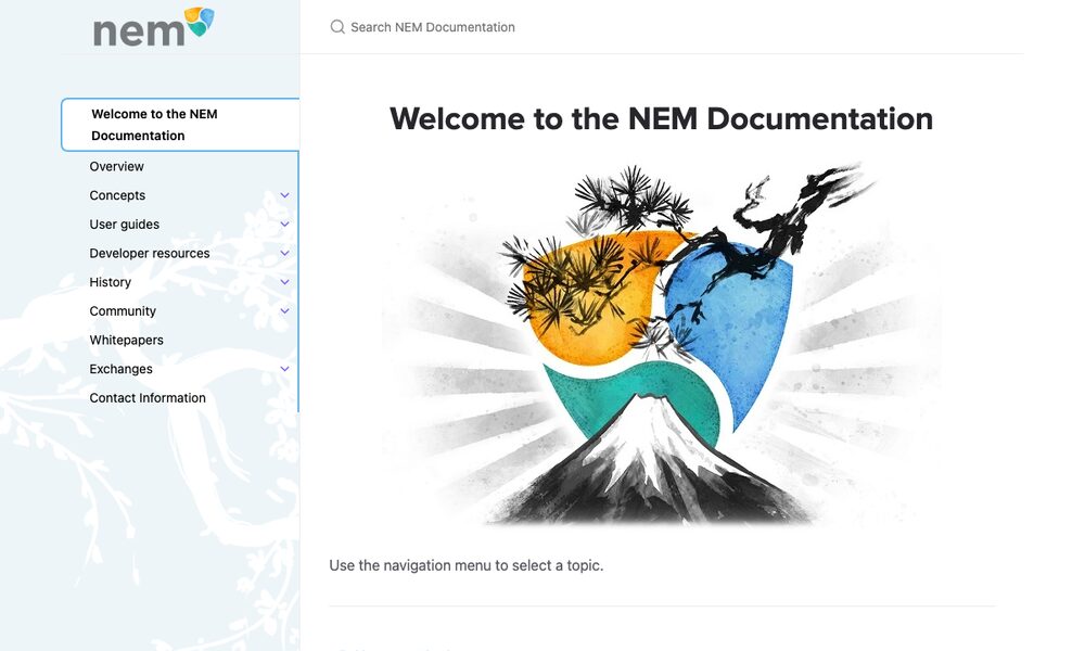 NEM公式ドキュメントサイト(nem.io)のトップページ。「Welcome to the NEM Documentation」の見出しとNEMのシンボル画像が表示されている
