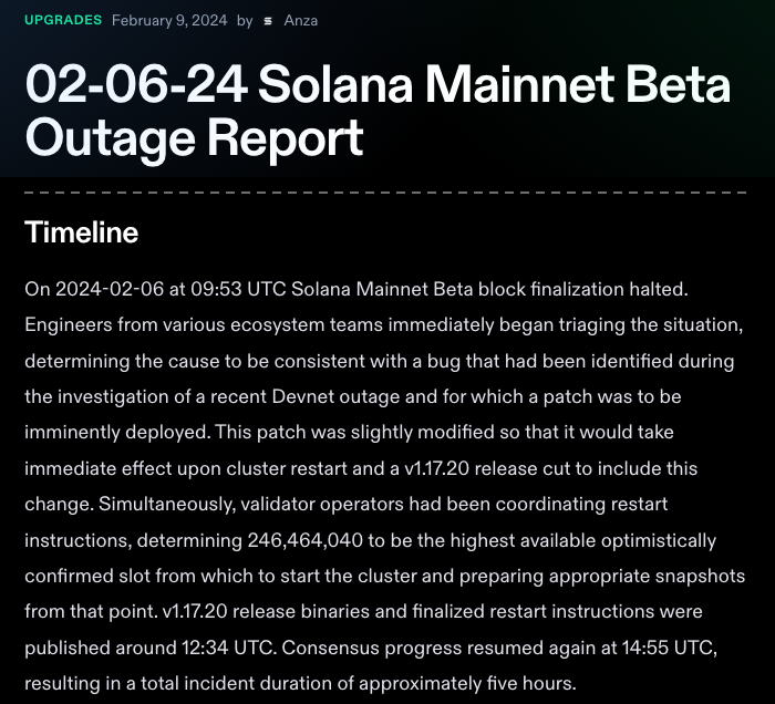 Solana公式ブログの2024年2月の障害報告。ブロックの確定が止まり、復旧まで約5時間かかった経緯