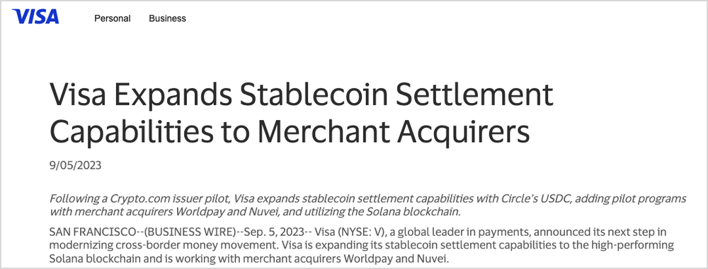 Visaの2023年9月の発表。ステーブルコインUSDCの決済機能をSolanaブロックチェーンへ広げると書かれている