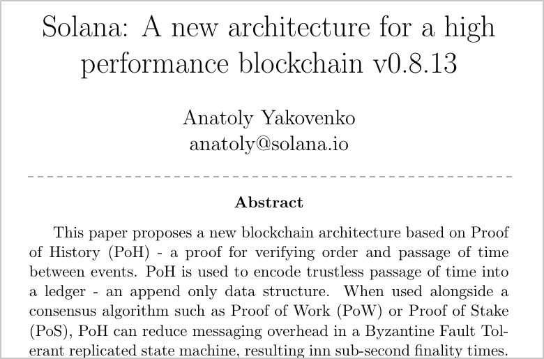 Solanaのホワイトペーパー表紙。題名と著者アナトリー・ヤコヴェンコの名前、要旨冒頭のProof of History(PoH)の説明