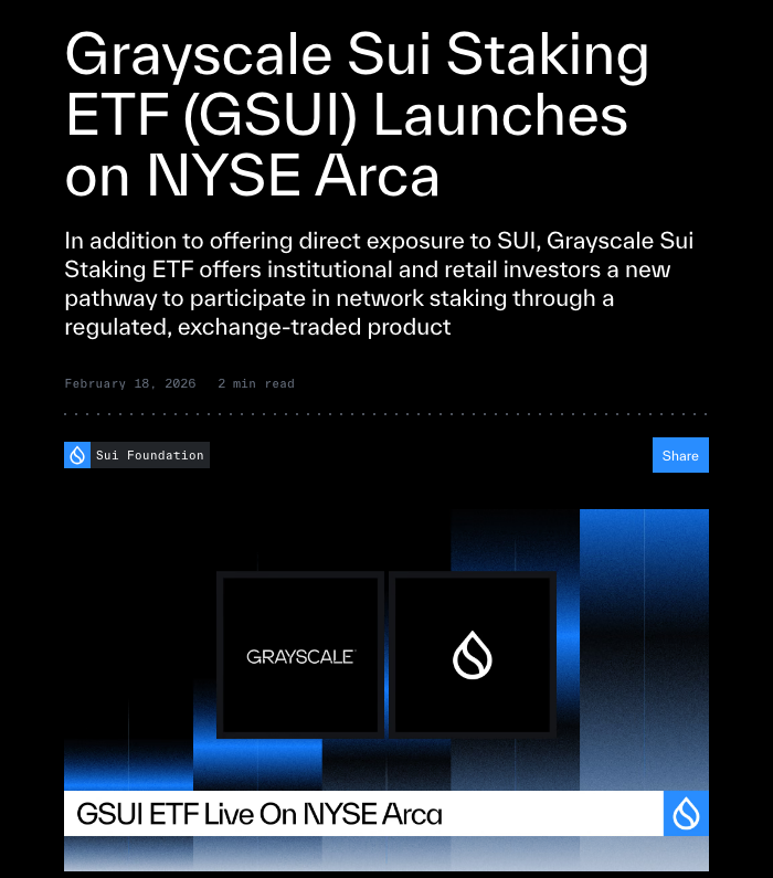 Sui公式ブログ「Grayscale Sui Staking ETF (GSUI) Launches on NYSE Arca」(2026年2月18日付・Sui Foundation)。GSUI ETF Live On NYSE Arcaのビジュアル