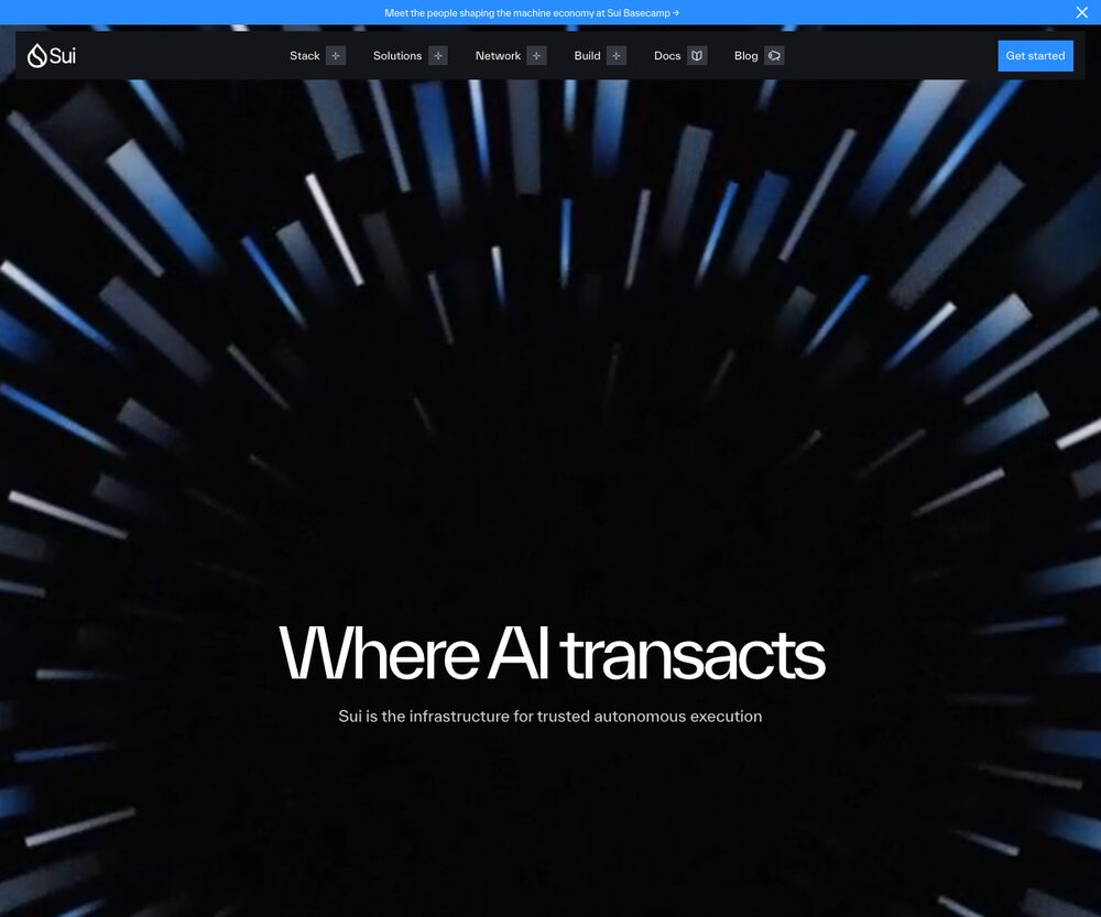 Sui公式サイト(sui.io)のトップページ。「Where AI transacts」の見出しとGet started/Get a walletのボタン